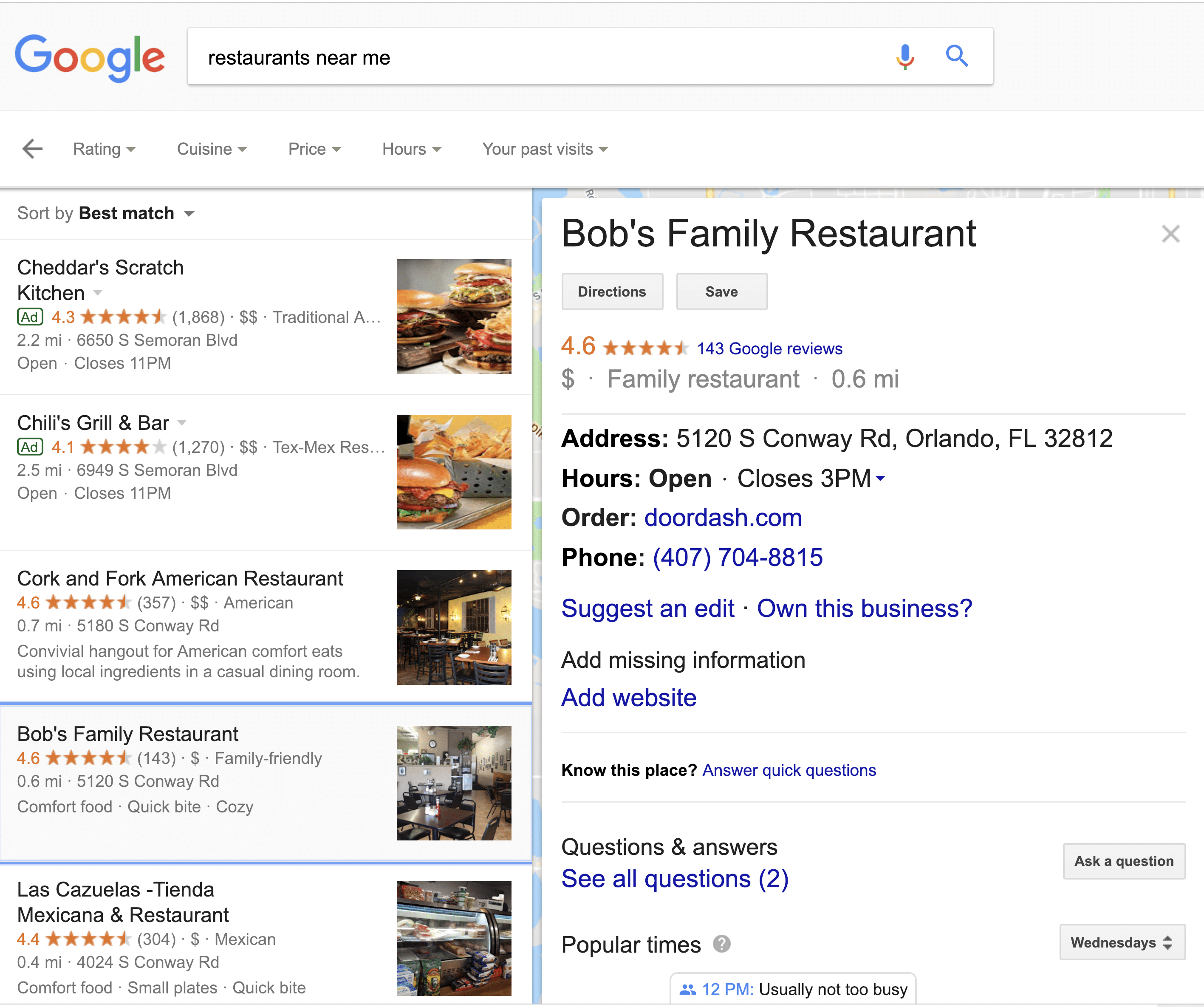 Google My Business for Bob's Restaurant